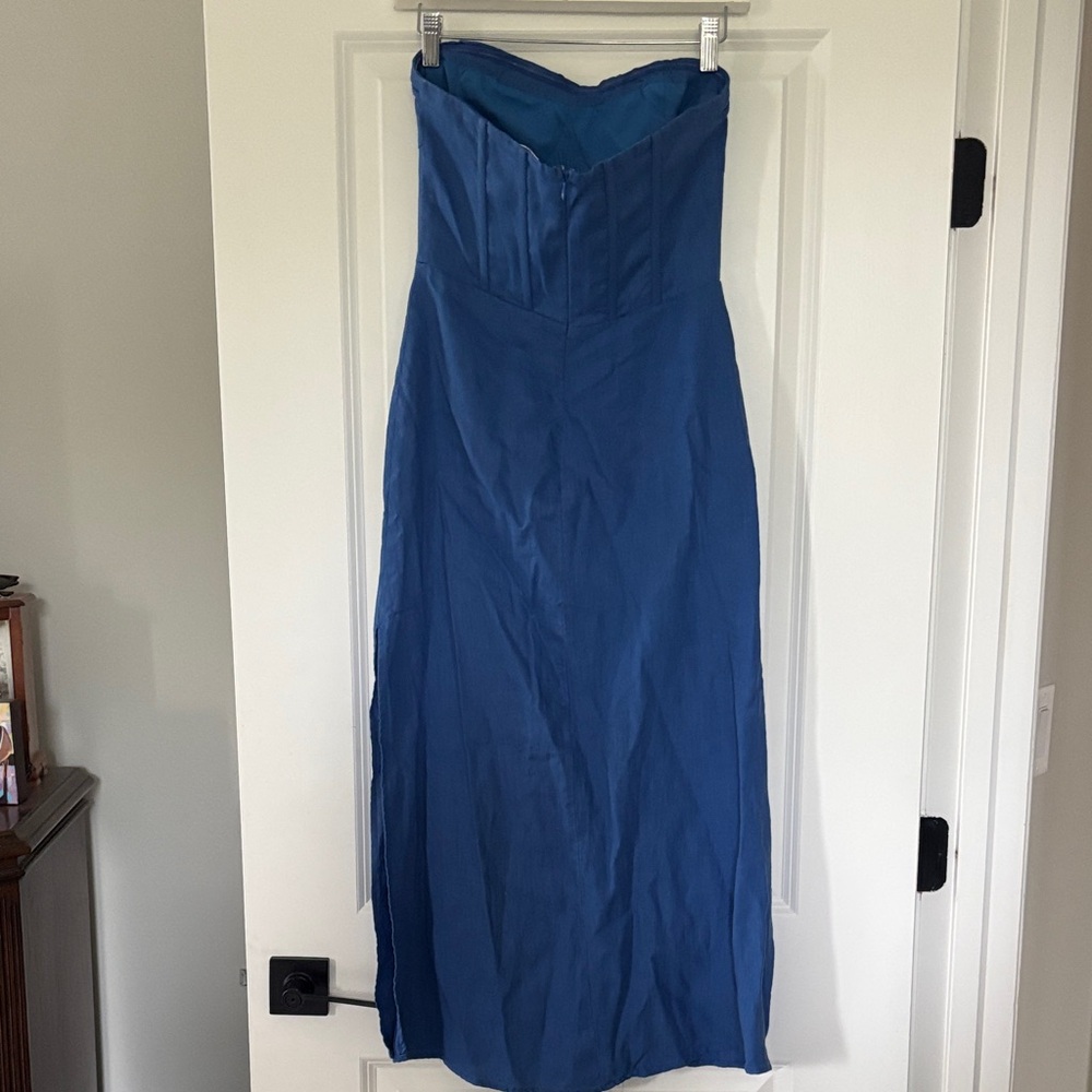 Sky to Moon Chic Linen Strapless Blue Dress - Picture 5 of 8